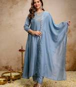 Sky blue vichitra silk heavy thread embroidery work kurta pant set