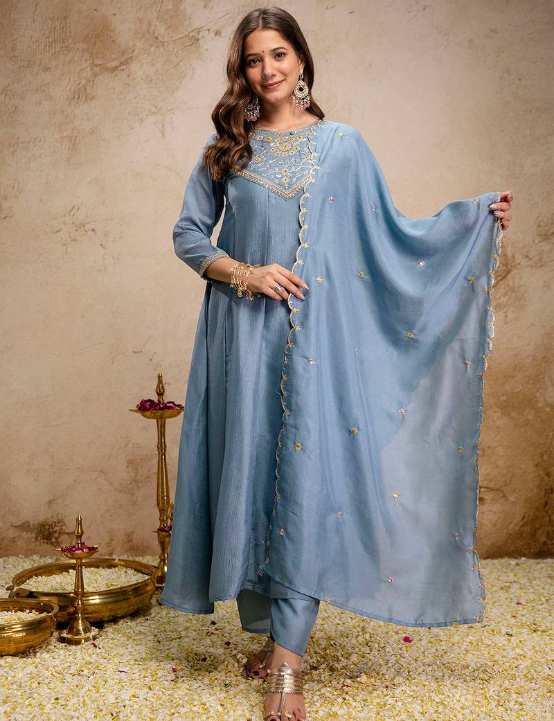 Sky blue vichitra silk heavy thread embroidery work kurta pant set