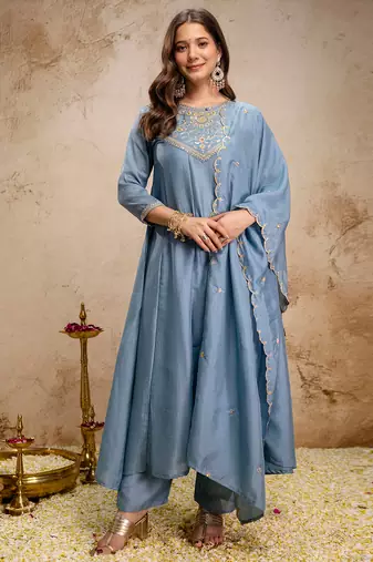 Sky blue vichitra silk heavy thread embroidery work kurta pant set