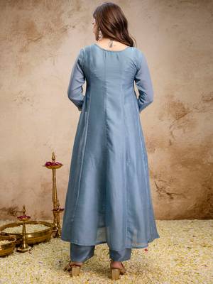 Sky blue vichitra silk heavy thread embroidery work kurta pant set 3