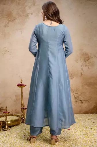 Sky blue vichitra silk heavy thread embroidery work kurta pant set