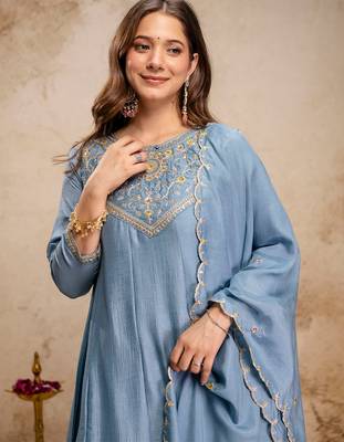 Sky blue vichitra silk heavy thread embroidery work kurta pant set 4