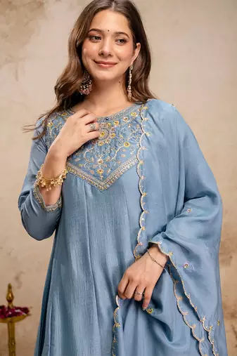 Sky blue vichitra silk heavy thread embroidery work kurta pant set