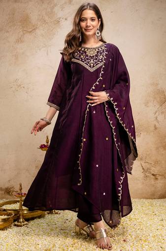 Wine vichitra silk heavy thread embroidery work kurta pant set