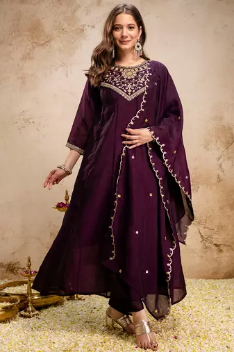 Wine vichitra silk heavy thread embroidery work kurta pant set