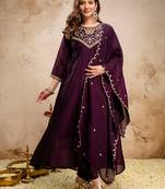 Wine vichitra silk heavy thread embroidery work kurta pant set