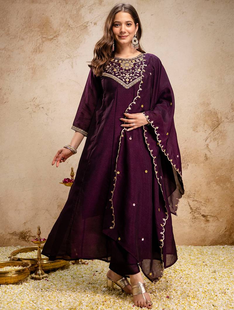 Wine vichitra silk heavy thread embroidery work kurta pant set