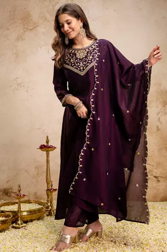 Wine vichitra silk heavy thread embroidery work kurta pant set
