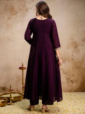 Wine vichitra silk heavy thread embroidery work kurta pant set 3