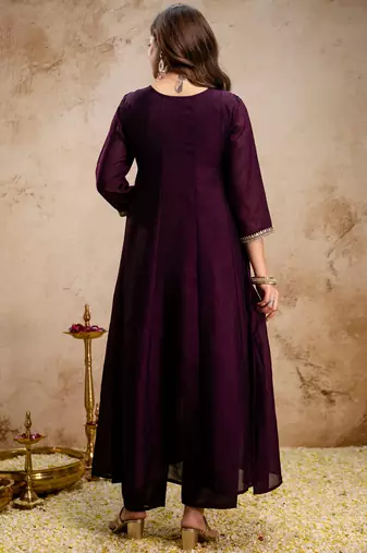 Wine vichitra silk heavy thread embroidery work kurta pant set