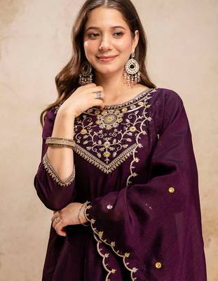 Wine vichitra silk heavy thread embroidery work kurta pant set 4