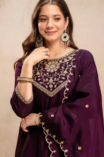 Wine vichitra silk heavy thread embroidery work kurta pant set
