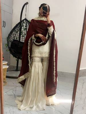 Cream chinon silk heavy thread embroidery work kurta with sharara set 1