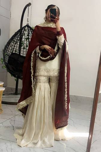 Cream chinon silk heavy thread embroidery work kurta with sharara set