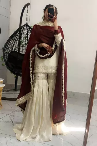 Cream chinon silk heavy thread embroidery work kurta with sharara set