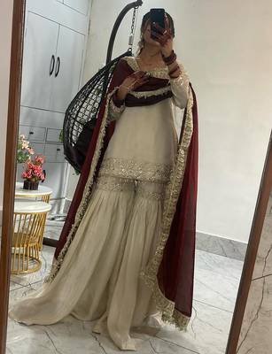 Cream chinon silk heavy thread embroidery work kurta with sharara set 2