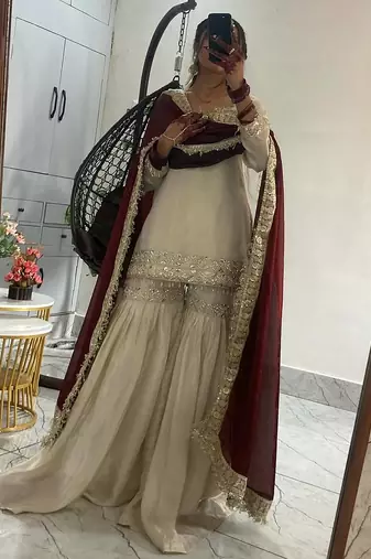 Cream chinon silk heavy thread embroidery work kurta with sharara set