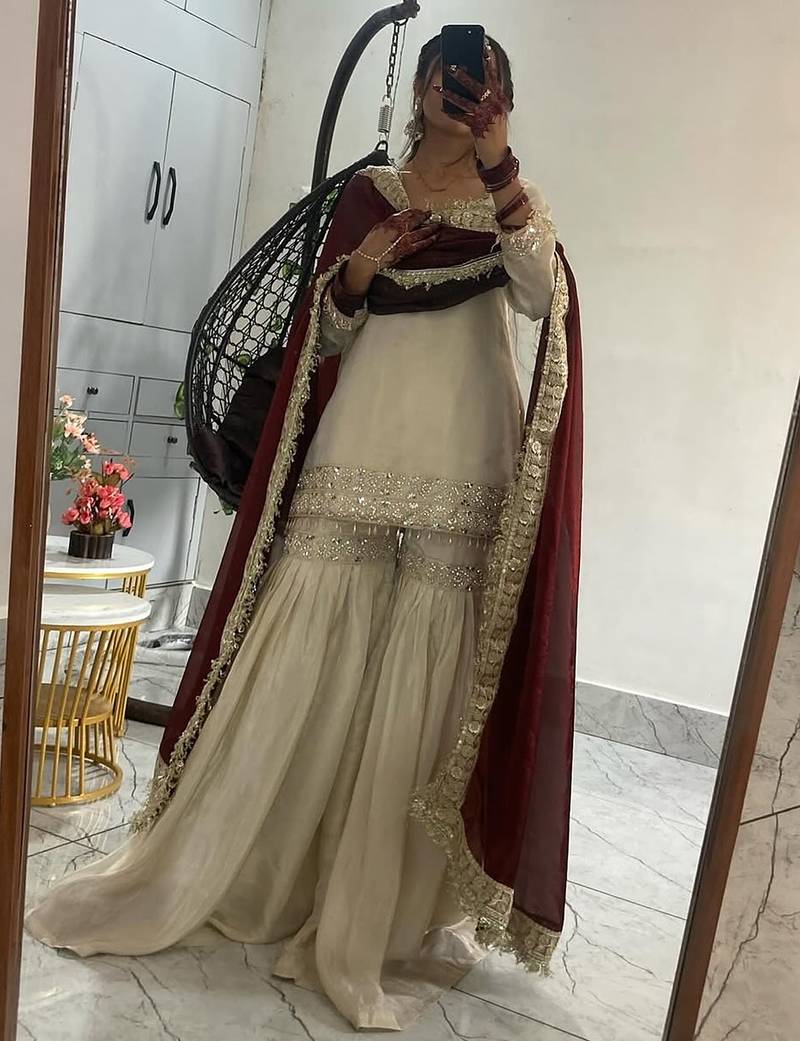 Cream chinon silk heavy thread embroidery work kurta with sharara set