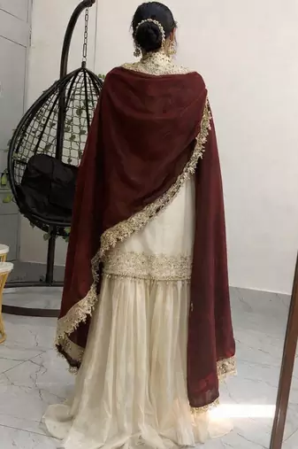 Cream chinon silk heavy thread embroidery work kurta with sharara set
