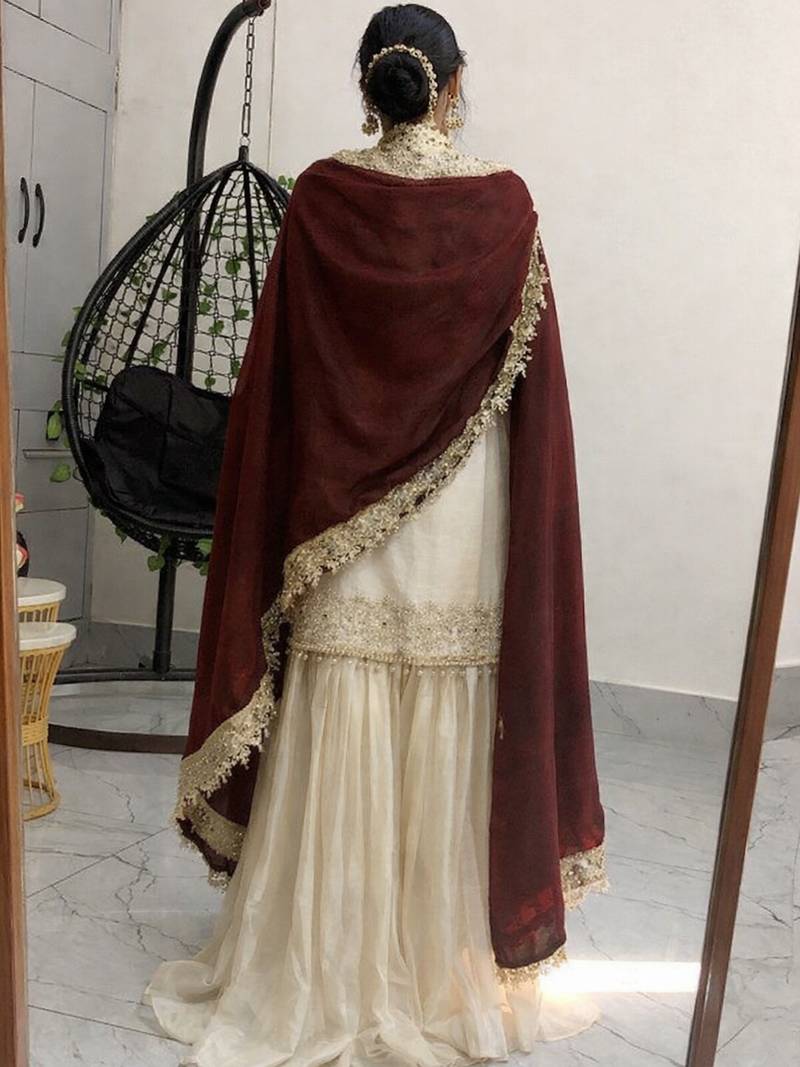 Cream chinon silk heavy thread embroidery work kurta with sharara set