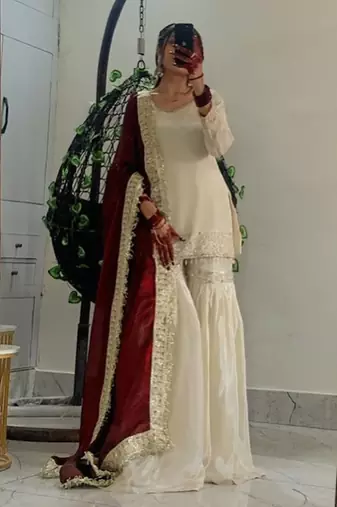 Cream chinon silk heavy thread embroidery work kurta with sharara set