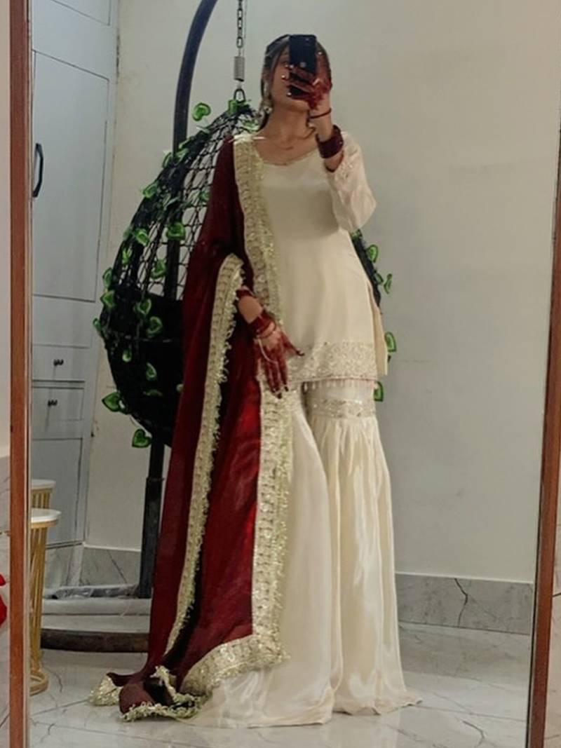 Cream chinon silk heavy thread embroidery work kurta with sharara set