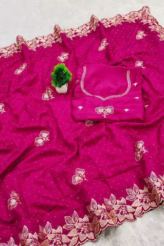 Rani Pink Color embroidery work Silk Sree