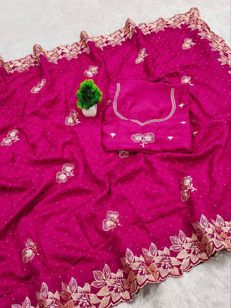 Rani Pink Color embroidery work Silk Sree