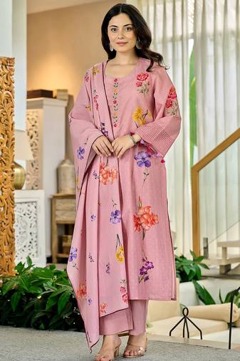 Pink chanderi butti printed kurta pant set