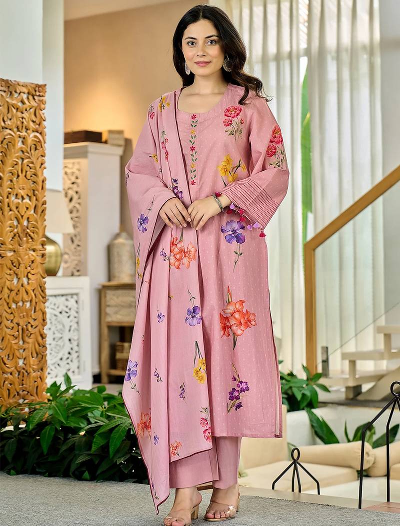 Pink chanderi butti printed kurta pant set