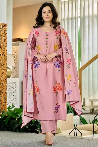 Pink chanderi butti printed kurta pant set