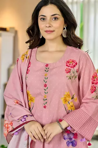 Pink chanderi butti printed kurta pant set