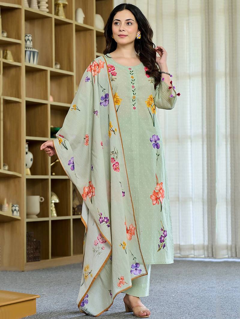 Pista chanderi butti printed kurta pant set