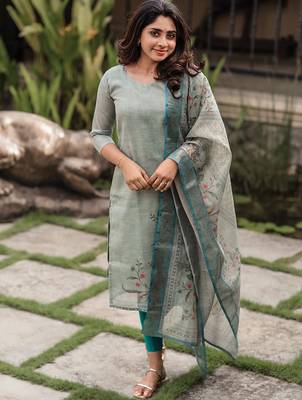Pista green cotton printed kurta with dupatta 1