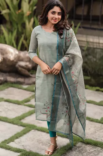 Pista green cotton printed kurta with dupatta