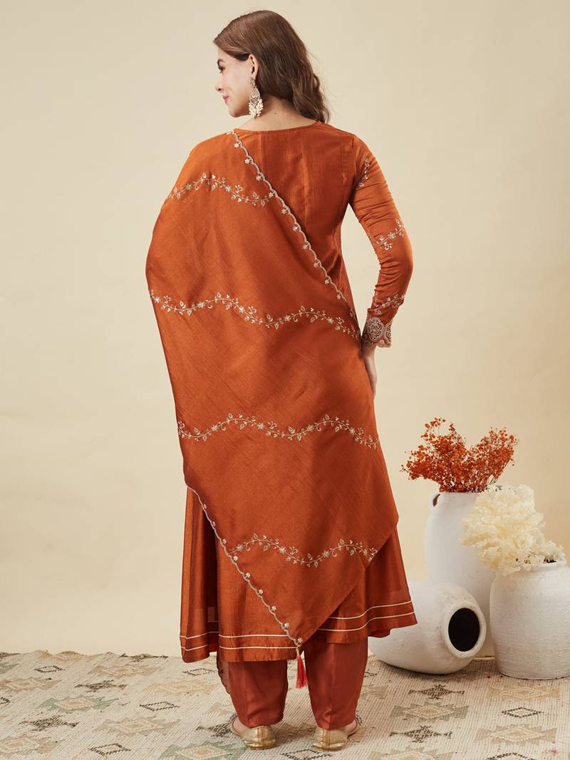 Orange vichitra silk heavy thread embroidery work kurta pant set