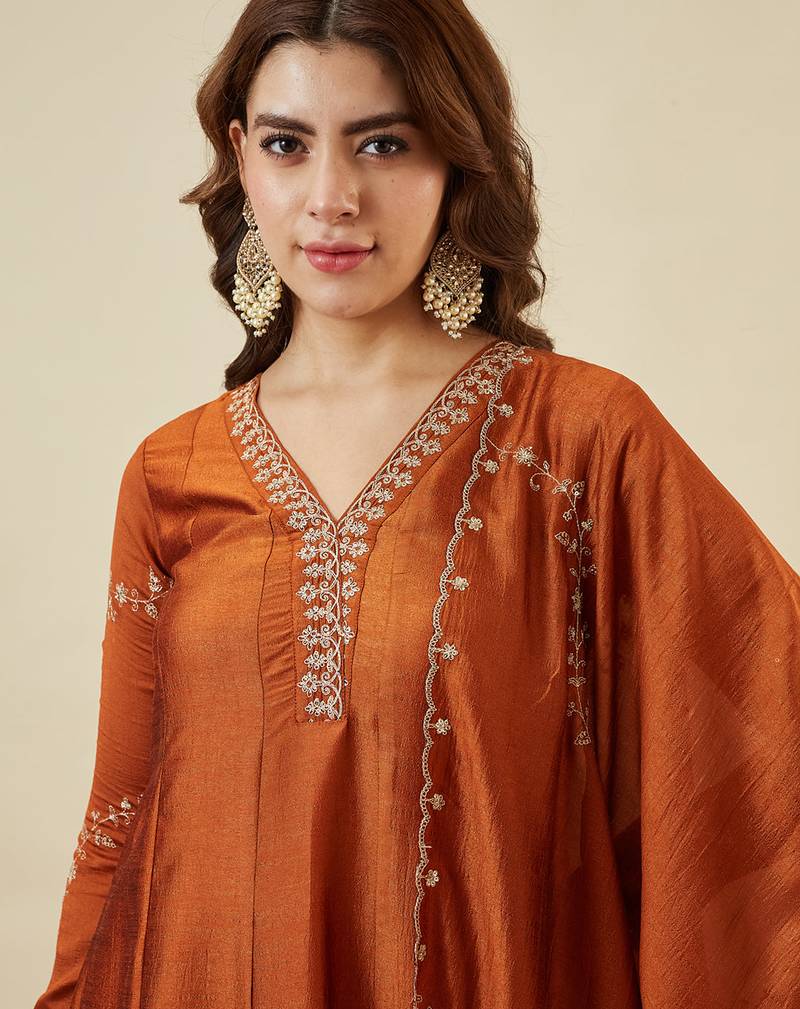 Orange vichitra silk heavy thread embroidery work kurta pant set