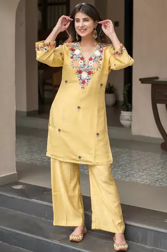 Yellow french crepe heavy thread embroidery work kurta with pant
