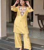 Yellow french crepe heavy thread embroidery work kurta with pant