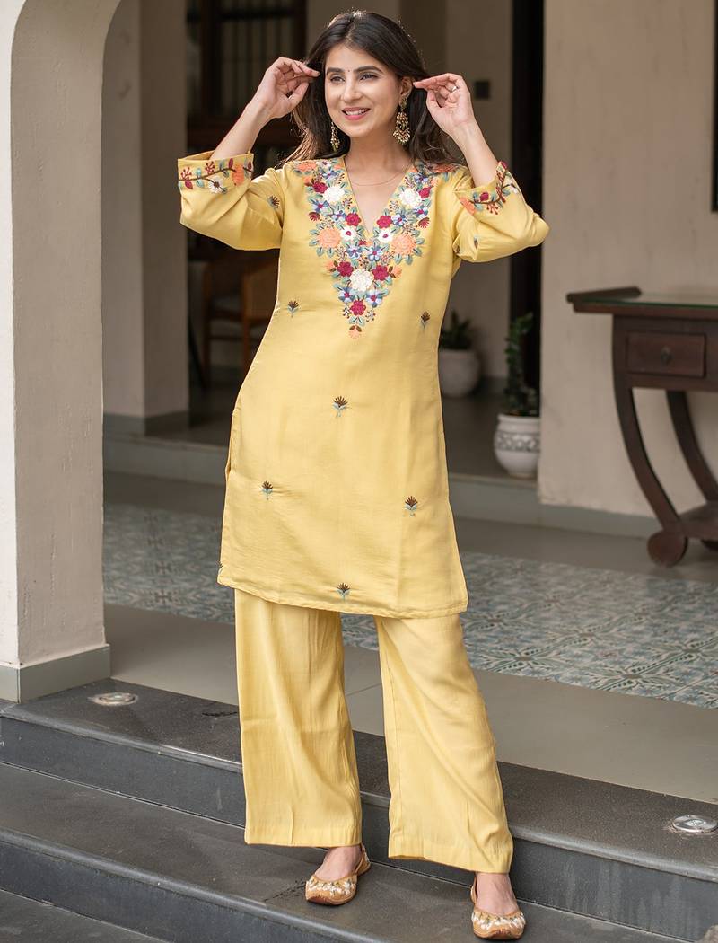 Yellow french crepe heavy thread embroidery work kurta with pant