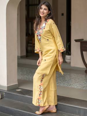 Yellow french crepe heavy thread embroidery work kurta with pant 2