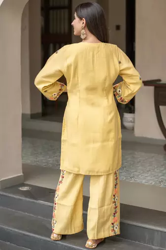 Yellow french crepe heavy thread embroidery work kurta with pant