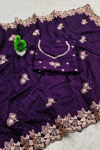 Purple Color embroidery work Silk Sree