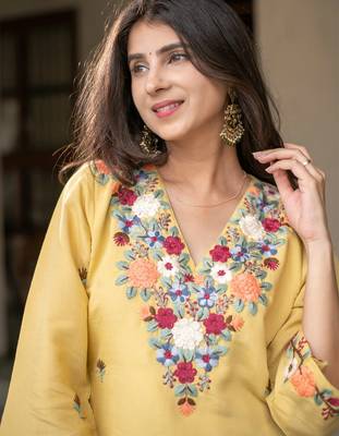 Yellow french crepe heavy thread embroidery work kurta with pant 4