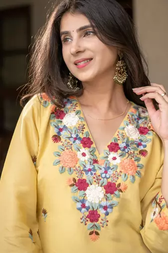 Yellow french crepe heavy thread embroidery work kurta with pant