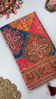 Multi Color  Digital print with Aari work & mirror work Satin Saree 2