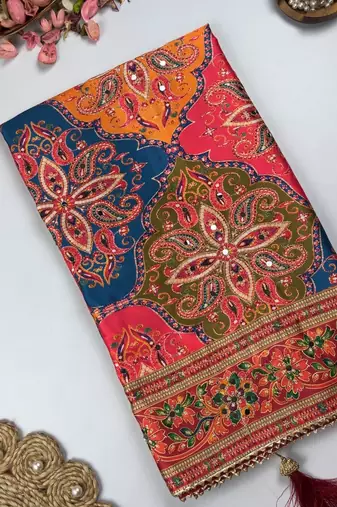 Multi Color  Digital print with Aari work & mirror work Satin Saree