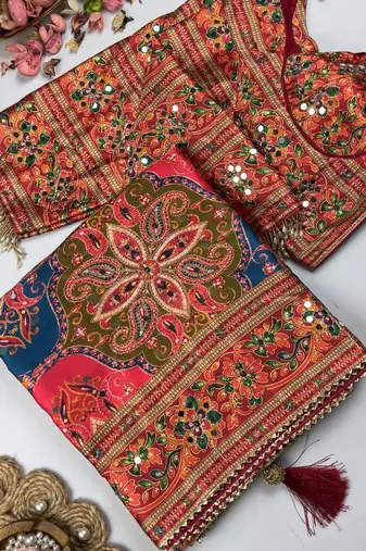 Multi Color  Digital print with Aari work & mirror work Satin Saree