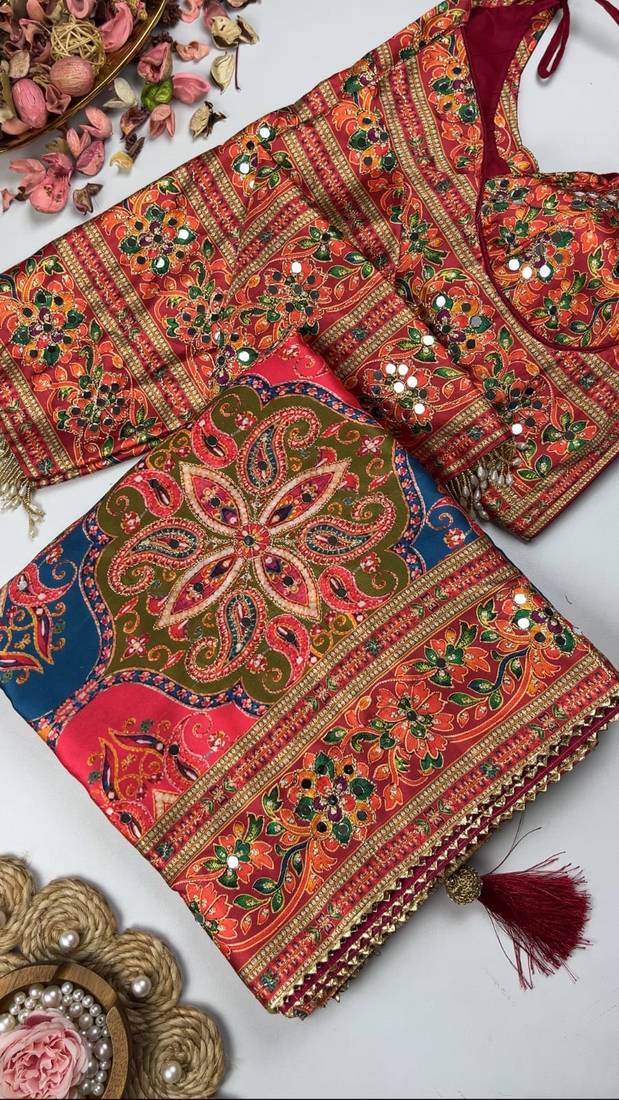 Multi Color  Digital print with Aari work & mirror work Satin Saree