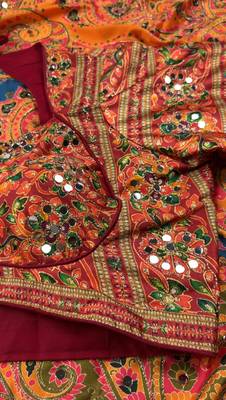 Multi Color  Digital print with Aari work & mirror work Satin Saree 3